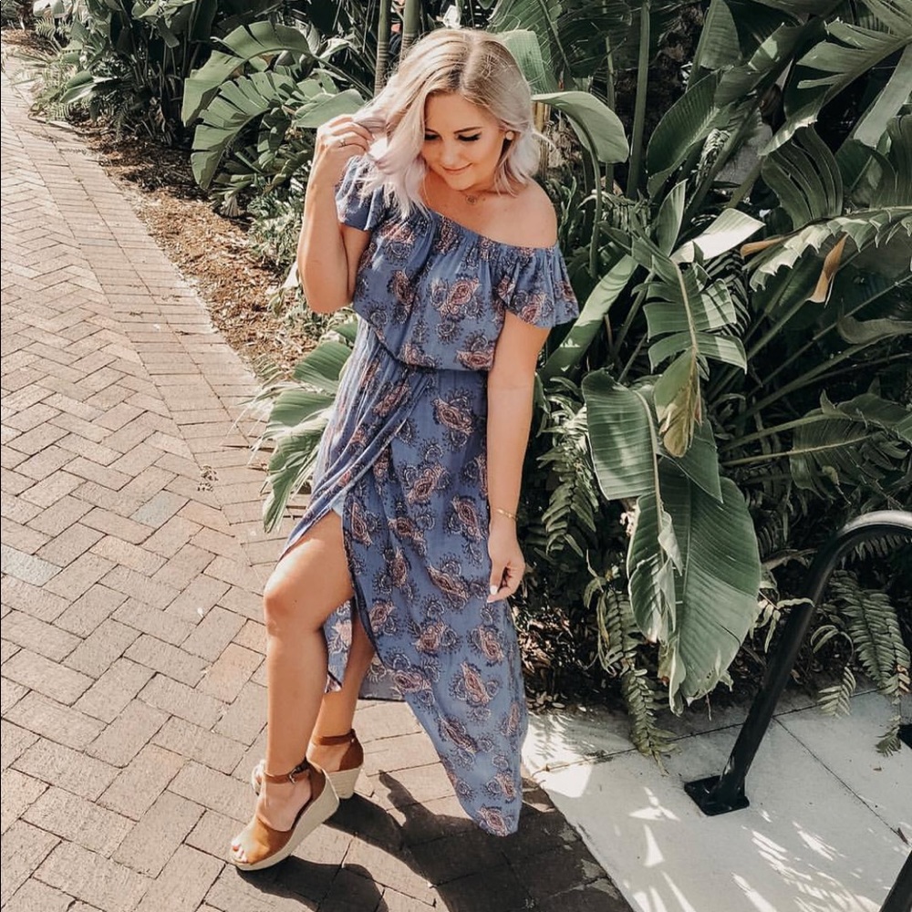 Boutique Boho Maxi Slit Off the Shoulder Dress